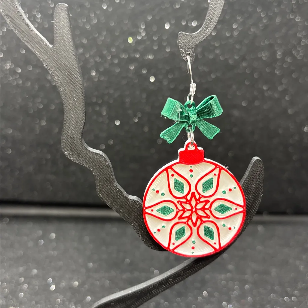 🎄 Christmas Ornament Earrings with Green Bow 🎁✨ Red - Image 3