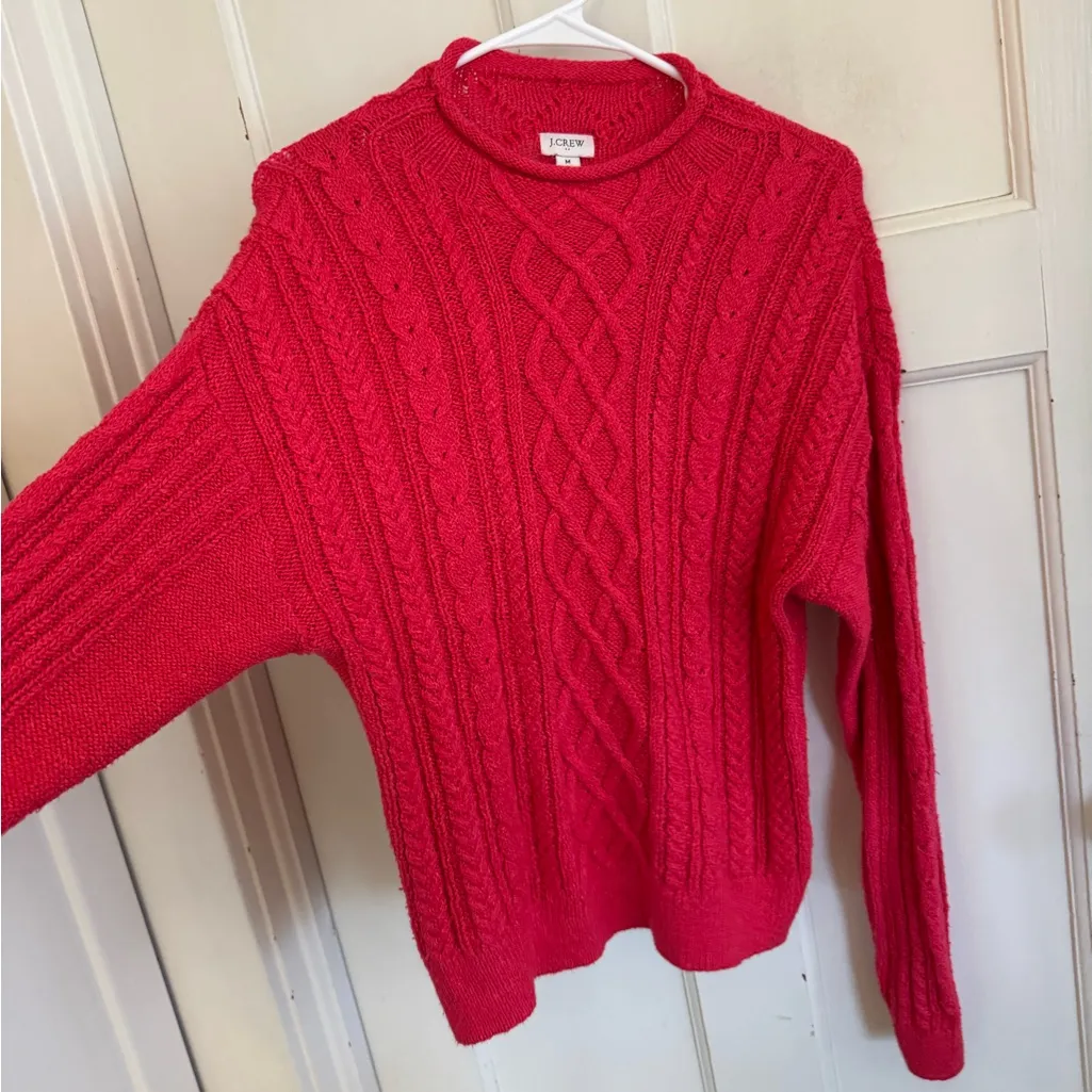 J.Crew bright pink cable knit roll neck sweater size medium - Image 3