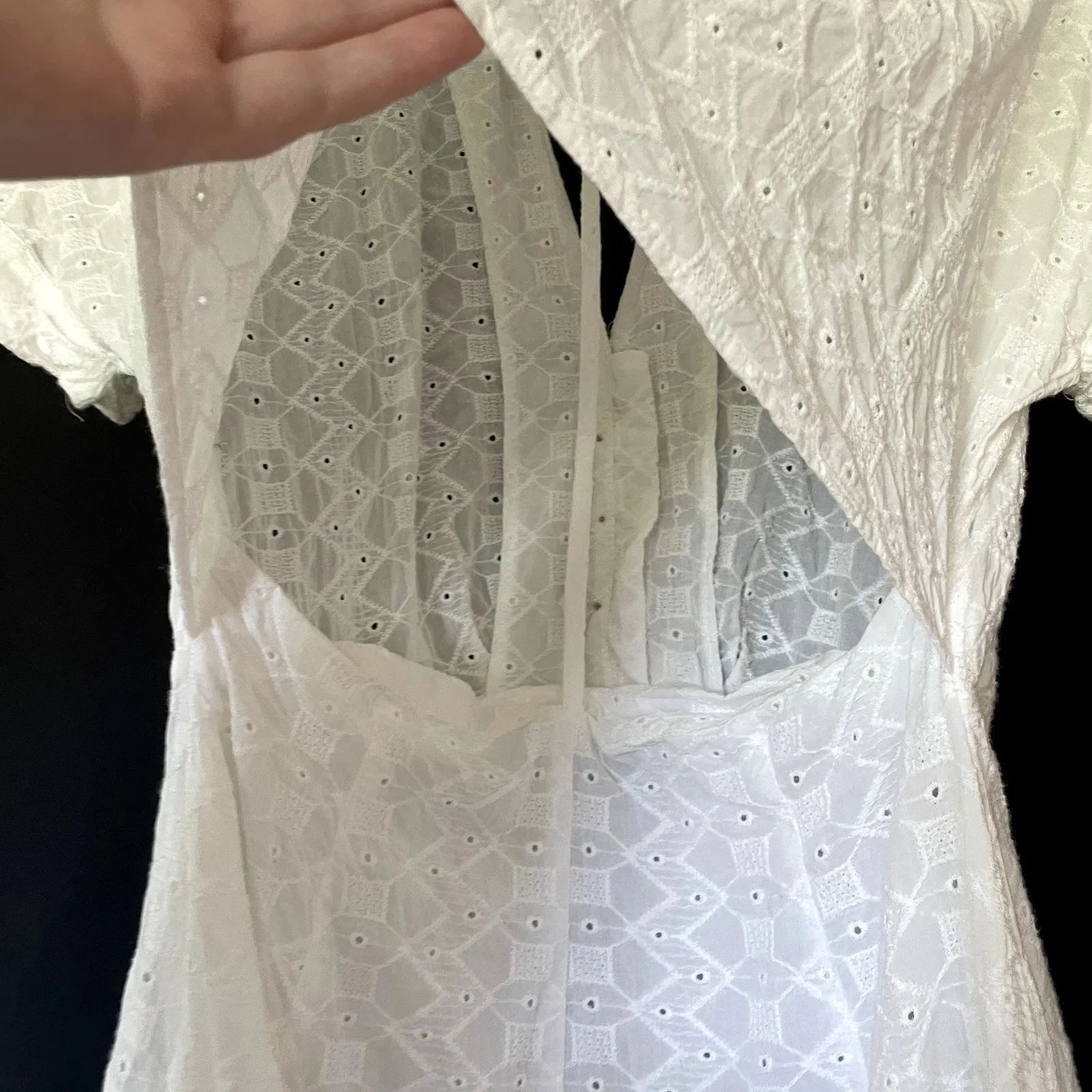 Zara white eyelet midi dress white tiered skirt vneck OPENWORK women's M cotton - Image 10