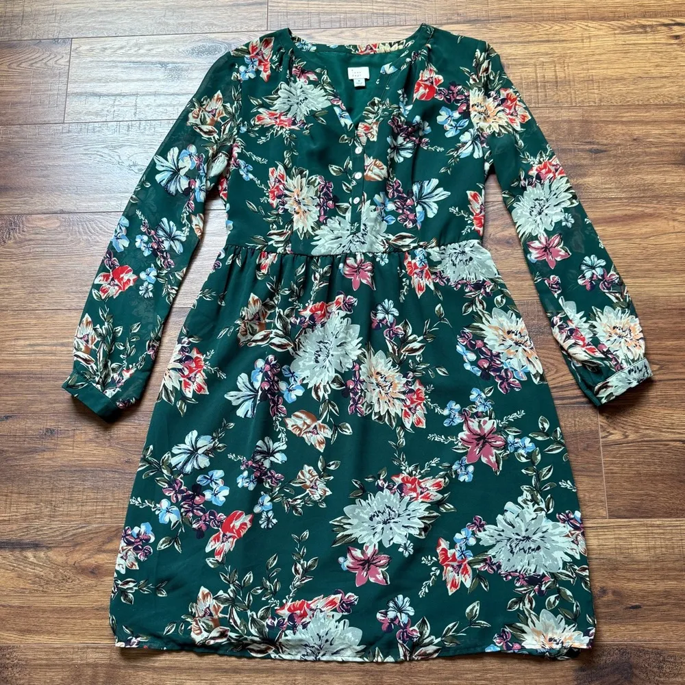 A New Day Women’s Green Floral Button Down Fit & Flare Dress Size Medium - Image 2