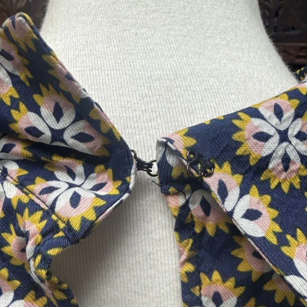 Boden Lily Top Size 6 Blue Gold Broad Bean Tile Print Blouse Satin Long Sleeve - Image 5