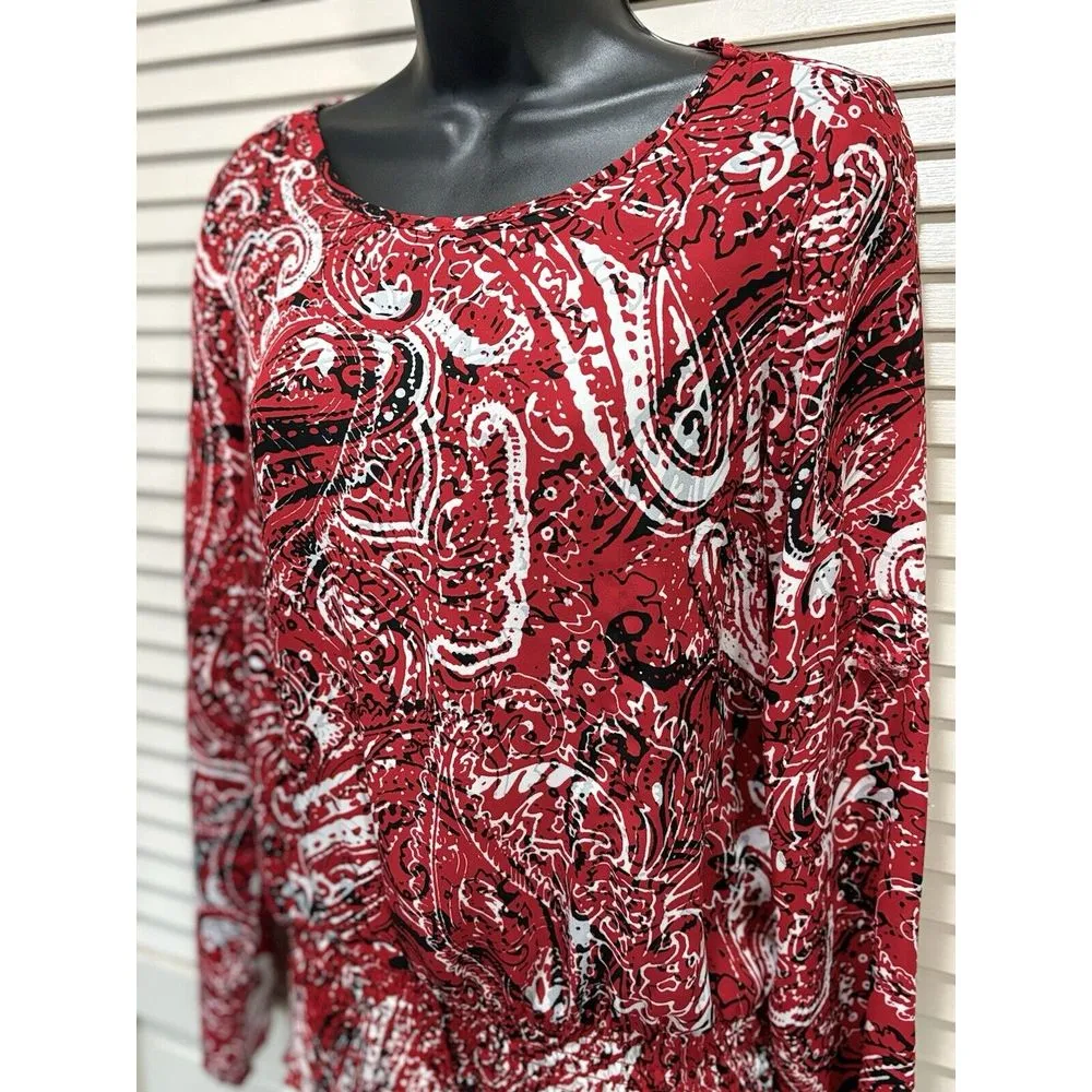Zac‎ & Rachel Red/Black/White Paisley Chiffon Long Sleeve Blouse Smocked Size S Black - Image 2