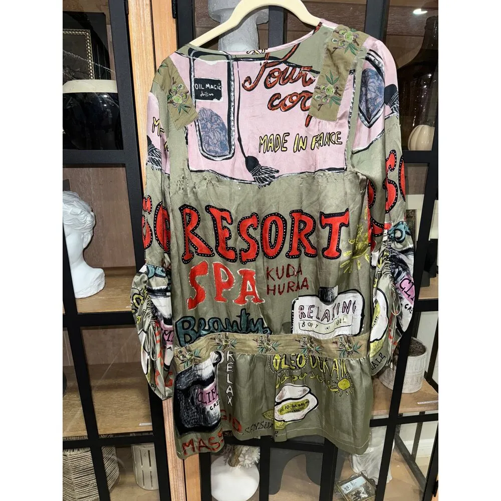 Y2K vintage Custo Barcelona silk Graphic Resort Print Dress Artsy Boho tunic - Image 2