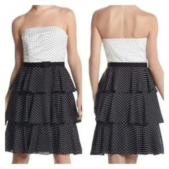 White House Black Market | Black White Polka Dot Strapless Ruffle Dress Size 4 - Image 2