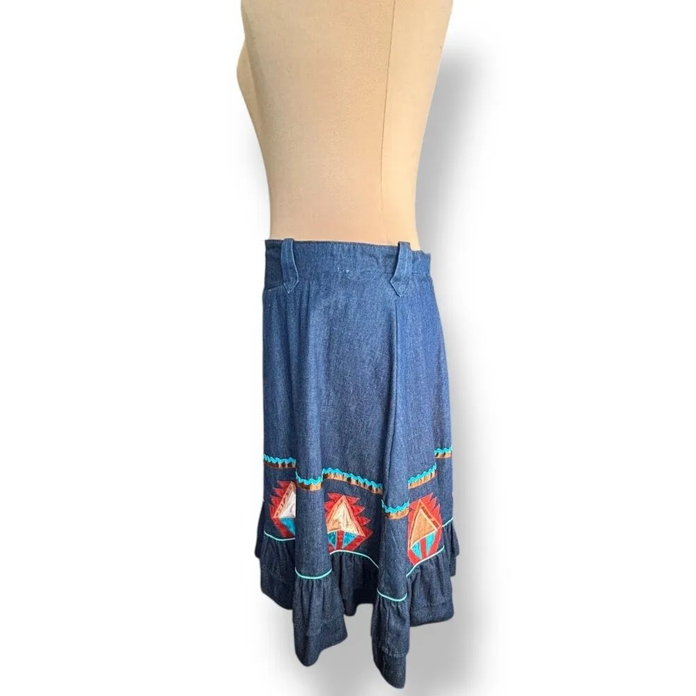 Vintage Handmade Southwest Denim Skirt Tiered Ruffle Hem Abstract Art Appliqué Blue Size L - Image 6