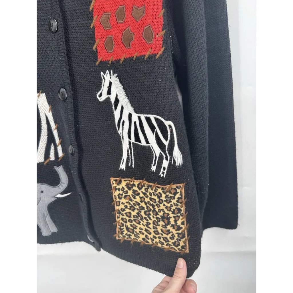 Crystal Kobe African Safari Patchwork Button Sweater Women XL Black Stitch Zebra - Image 6
