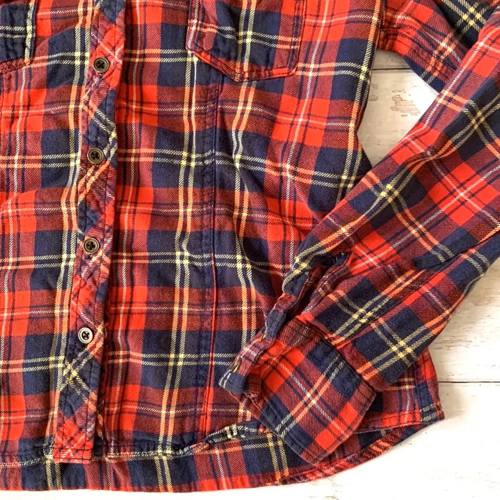 River Island Size S/M Womens Red Navy Blue Plaid Flannel Long Sleeve Shirt Small - Image 2