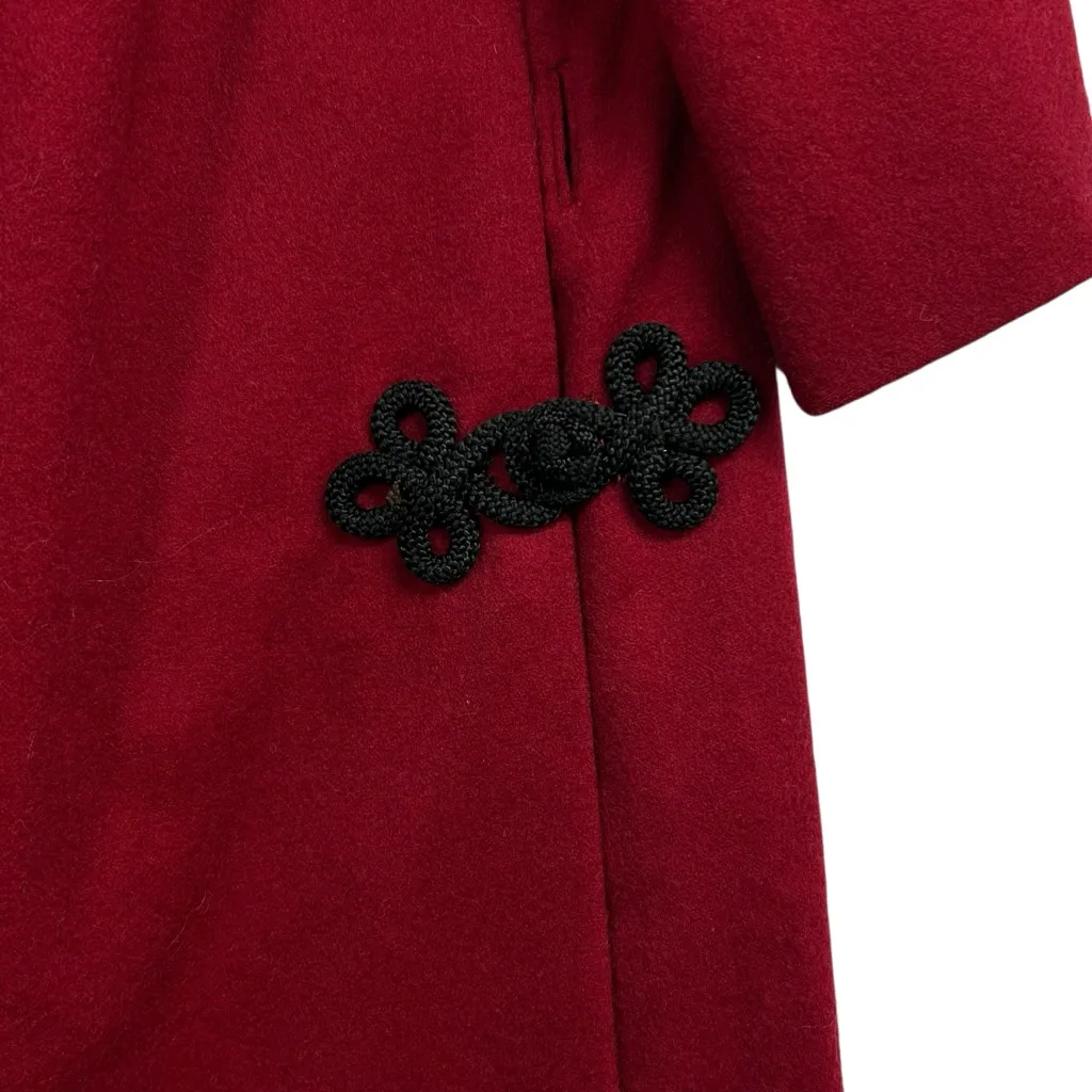 Vintage 1960s Handmade Couture Wool Dress Crimson Red w/ Black Frog Closures Size 8 - Image 4