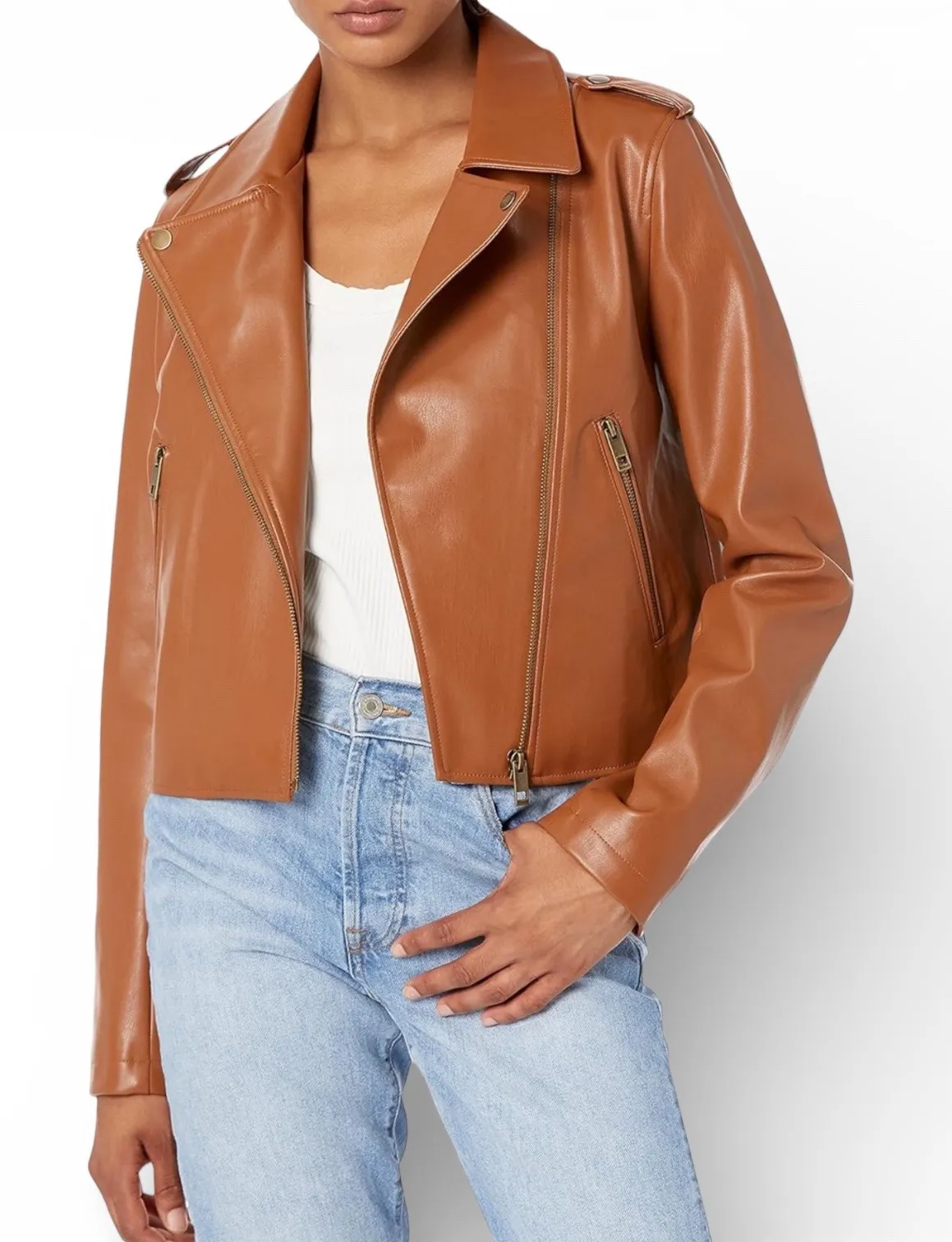 The Drop Heather Moto Jacket Cognac Faux Leather Zip Womens Size L Brown Size L - Image 1