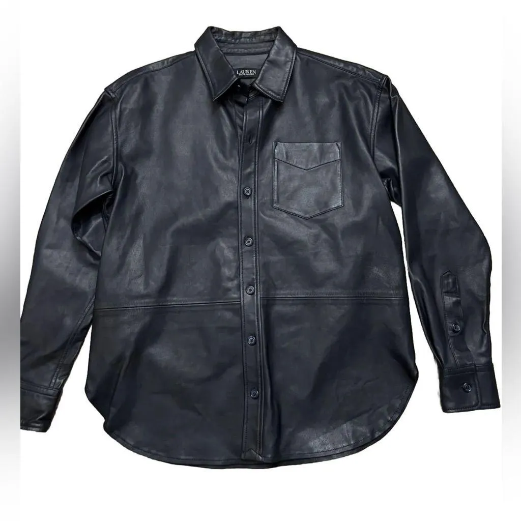 Lauren Ralph Lauren Women's Leather Relaxed Fit Stretch Shirt Navy Small $495 Blue - Image 3