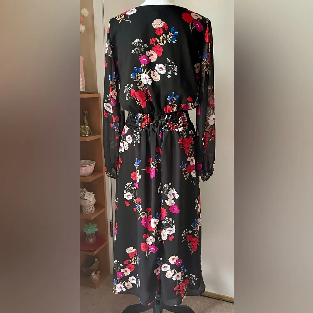 Black & Floral Midi Dress by POPSUGAR Long Sleeve Sz L Perfect the Holidays EUC! - Image 3