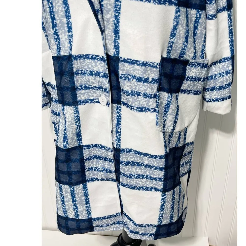 Check Plaid‎ Lightweight Coat Jacket Button Front Pockets White Blue Women's XL - Image 6