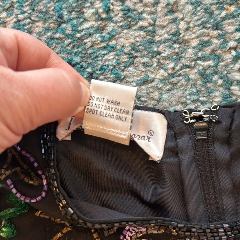 Vintage Laurence Kazar Silk Beaded Floral Blouse Black Multicolor Large - Image 4