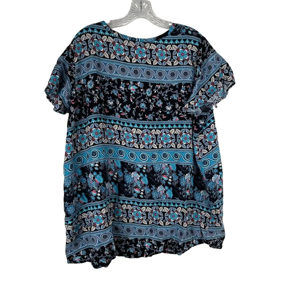 Chelsea Studio Short Sleeve Shirt Size 1X 22/24 Tie Front Tassel Blue Floral - Image 2