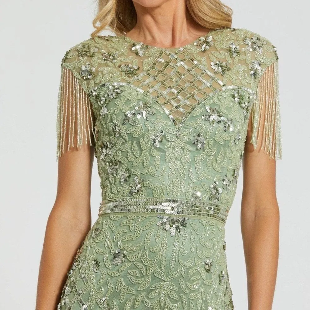 MAC DUGGAL 4908 Green High Neck Sleeveless Beaded Fringe Fitted Gown - Image 4