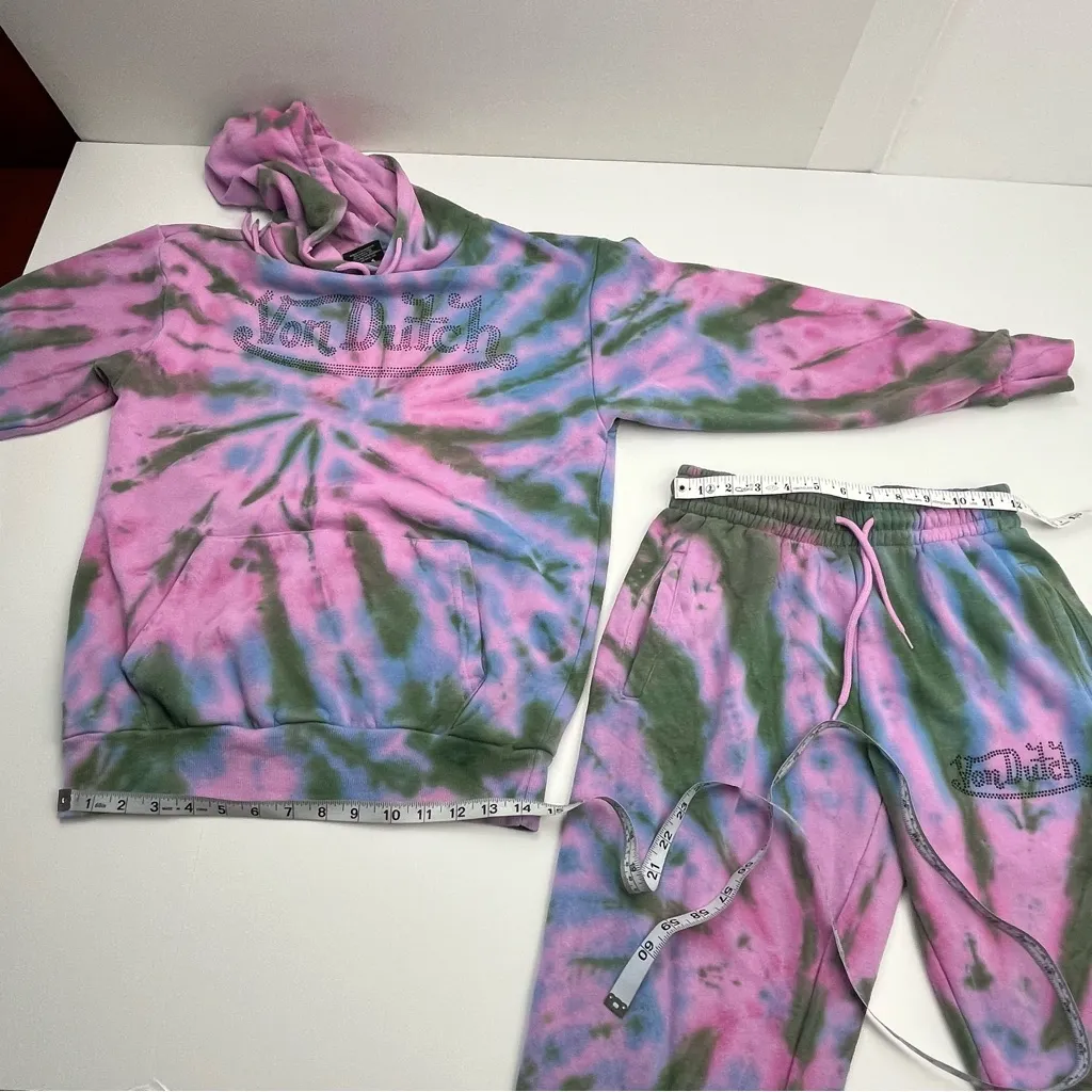 Von Dutch Rhinestone‎ Tie Dye Jogger Hoodie Set Olive Green Pink Purple Small - Image 14