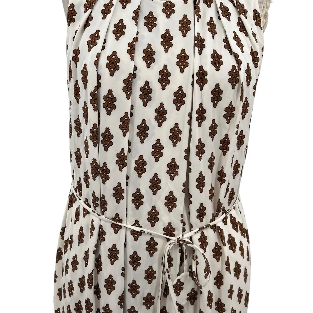 Tory Burch Cream Brown Geometric Printed Pleated Sleeveless Midi Dress Size‎ XS - Image 4