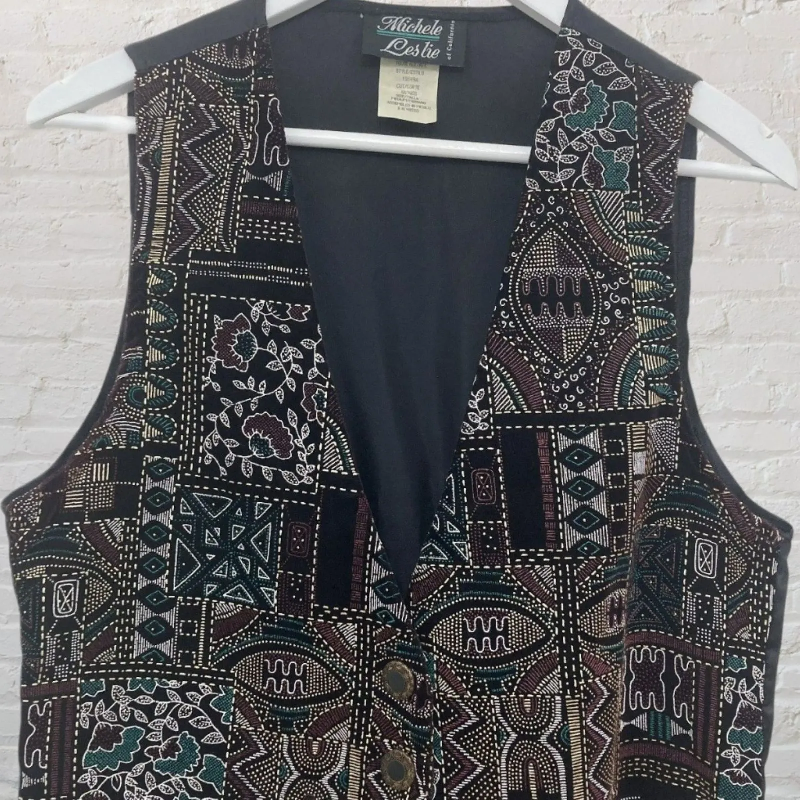 Vintage Michele Leslie Black Velvet Vest M Tribal Print Retro Unique - Image 4