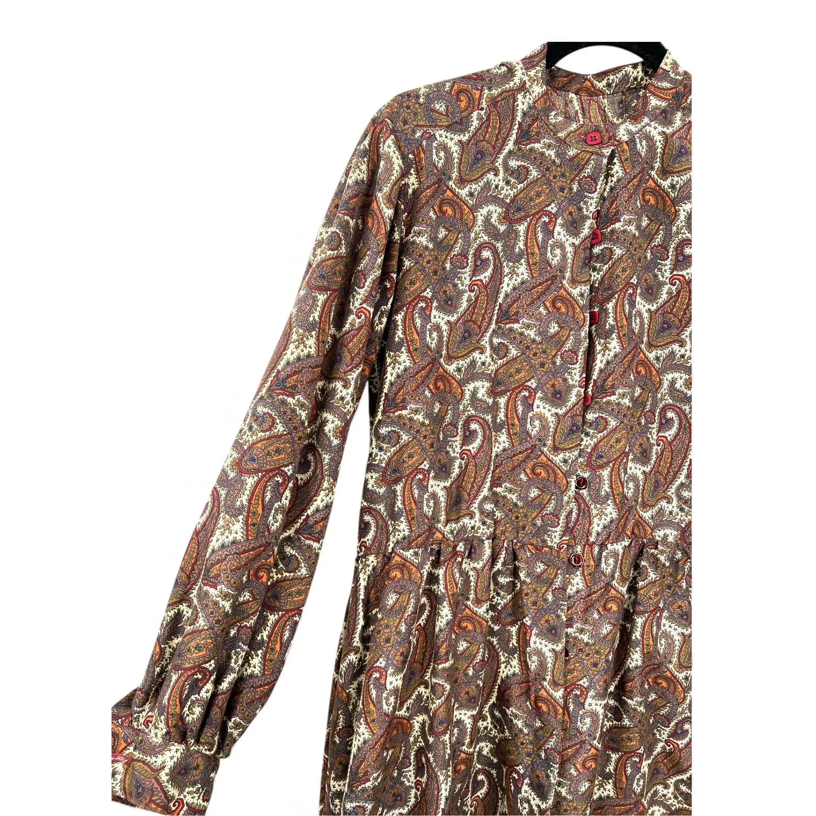 VINTAGE 70's Handmade peasant dress brown paisley tiered M Babydoll Long Sleeve Size M - Image 4