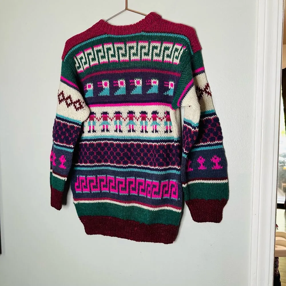 Vintage 1980s Unbranded Unisex Geometric People Purple Pink Crewneck Sweater Size M - Image 6