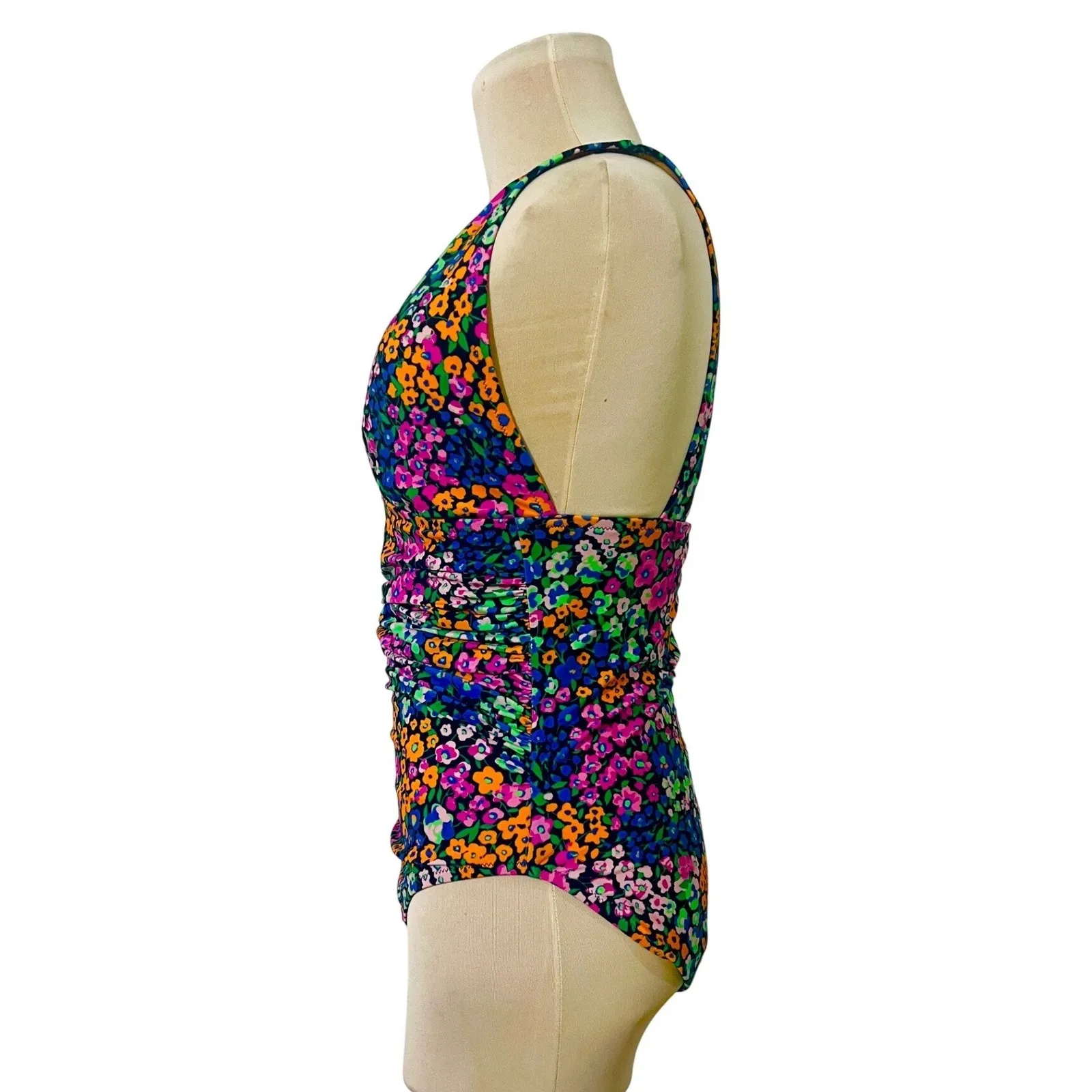 J Crew One Piece Swimsuit Floral Print Deep V Neck Ruched Women's Size M Beach Blue Size M - Image 2