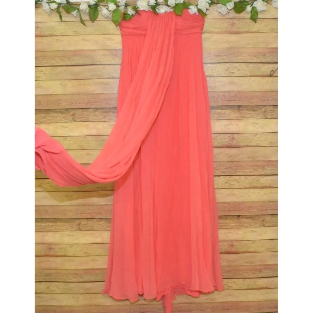 Halston Heritage Chiffon Peach Maxi Dress Womens 2 Silk Strapless Evening Prom - Image 4