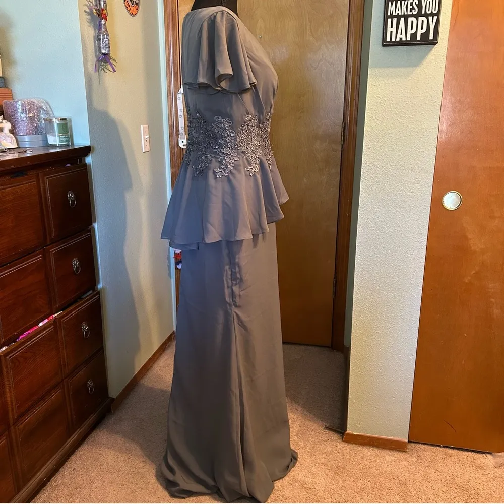 Gray chiffon formal long dress sequins appliqué flowy mother of the bride prom M Size M - Image 2