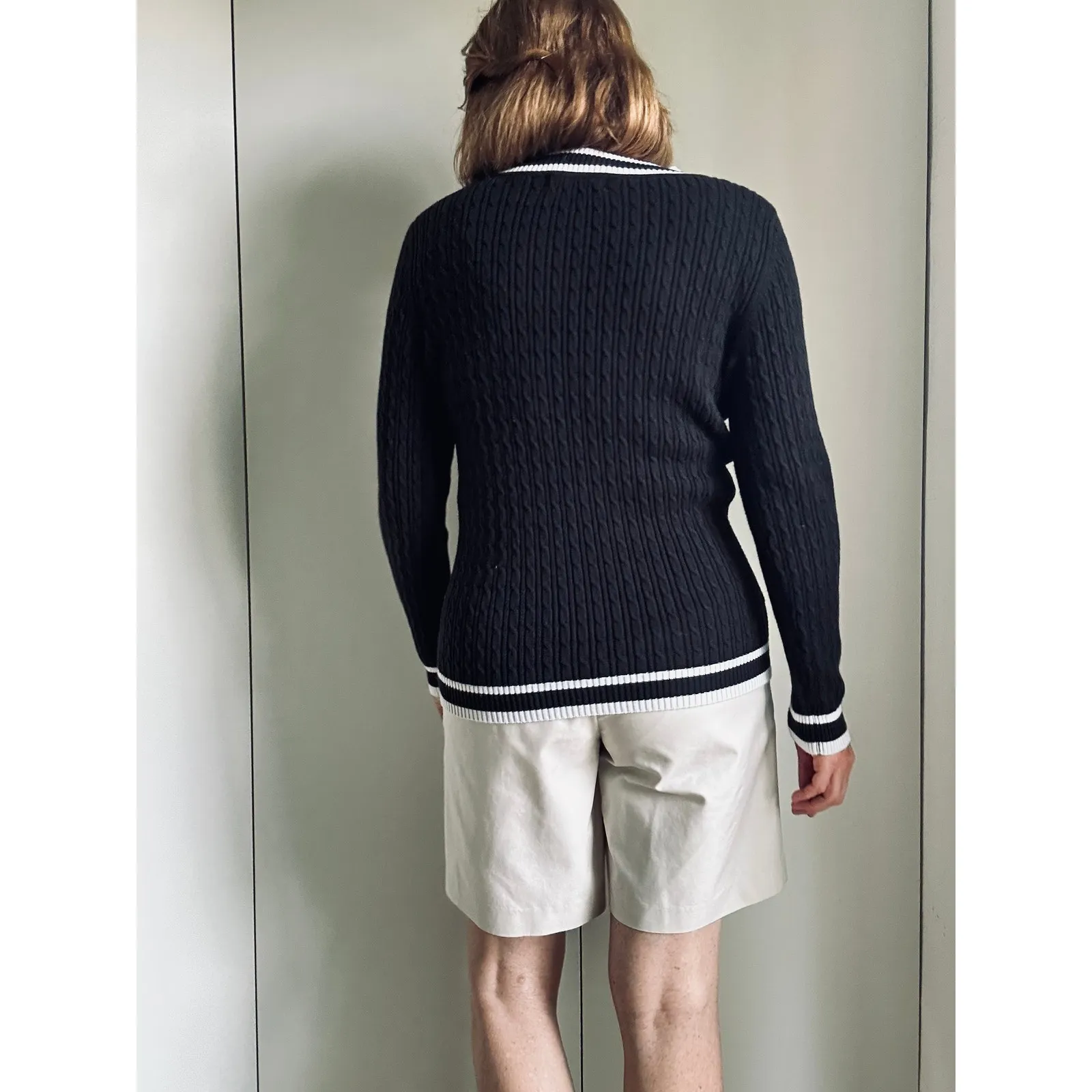 Liz Claiborne Cotton Cableknit Tennis Sweater V neck Black White SZ M Twee Prep - Image 9