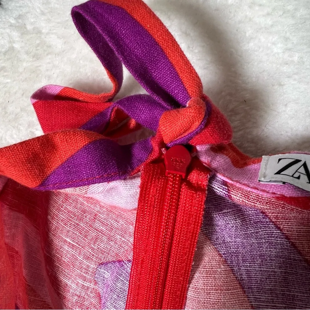 Zara Pink Retro Floral Swirl Printed Linen Blend Midi Skirt - Image 4