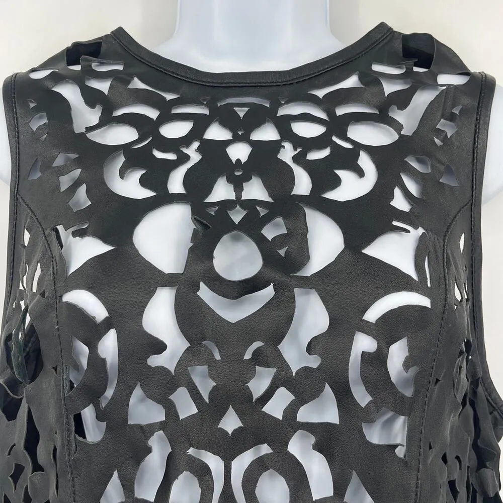 Topshop Leather Laser Cut Womens Top Sz 6 Black Edgy Festival Y2K Boho Rocker - Image 2