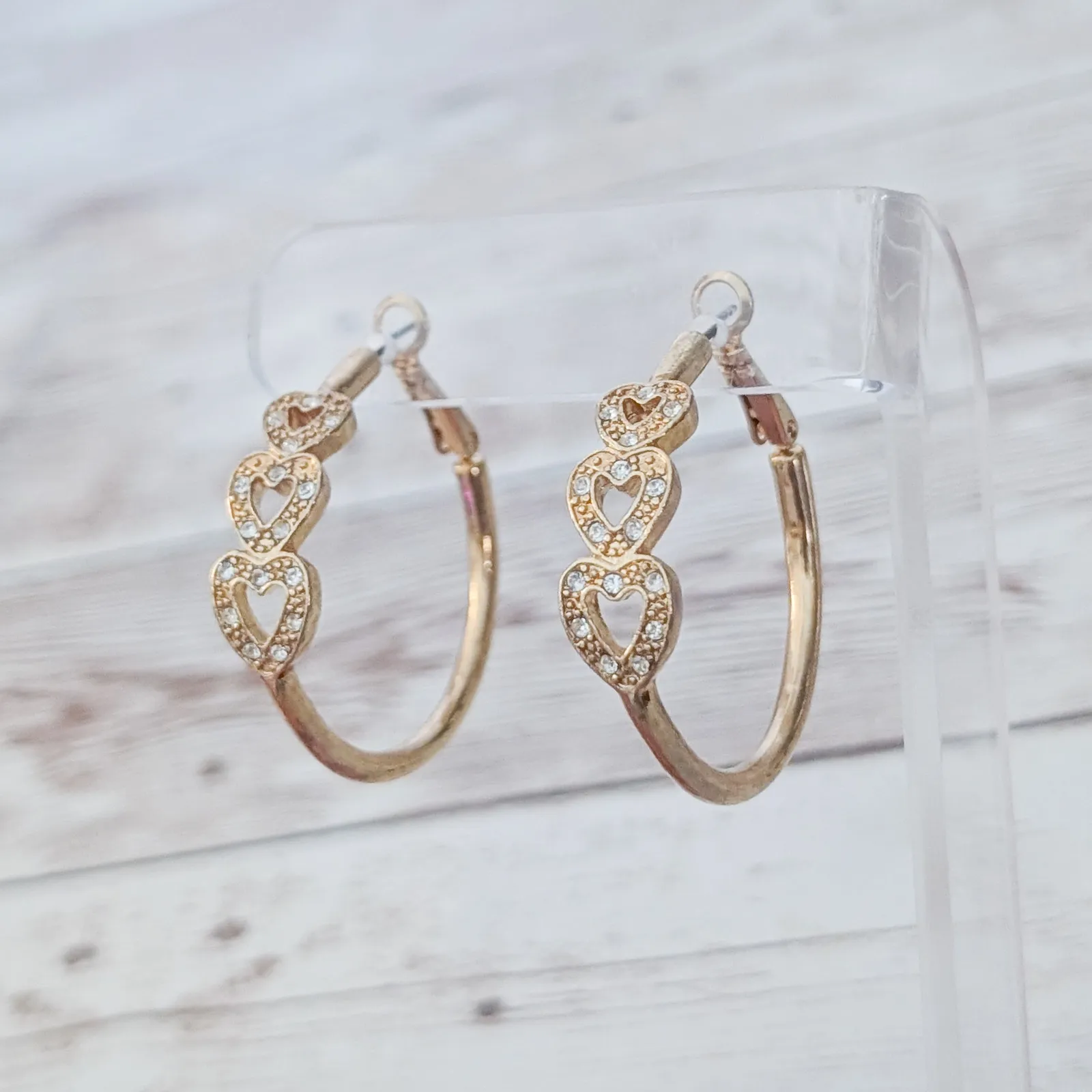 Vintage Stud Earrings Extra Large Gold Tone Hoops Heart Design - Image 2