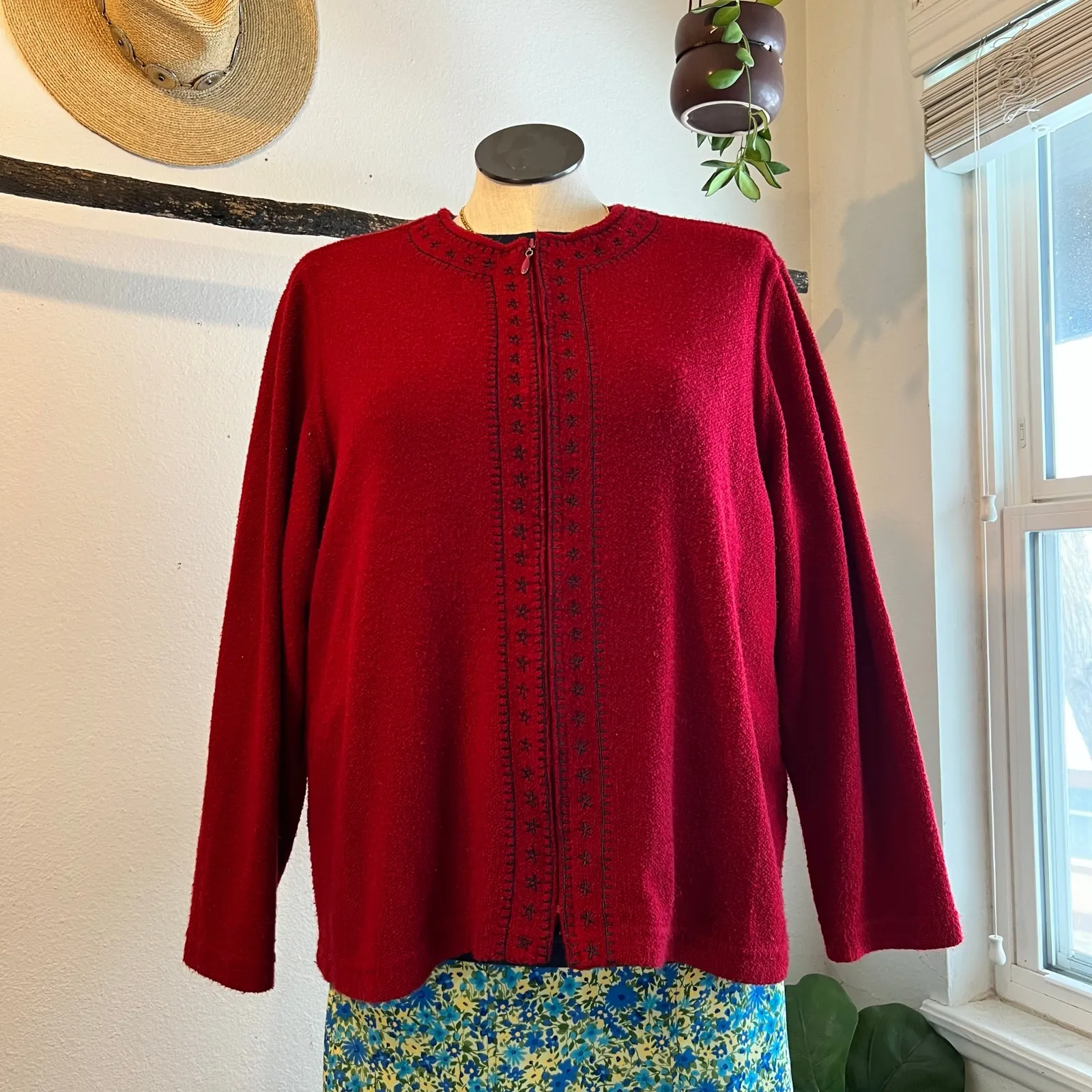 Vintage 90s Soft Red Zip Up Floral Embroidered Cardigan Sweater Size XL - Image 6
