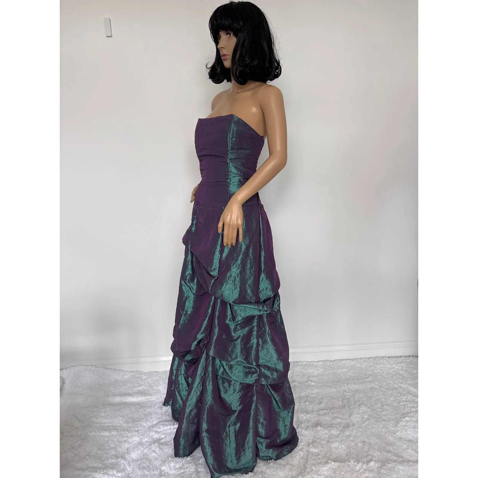 Vintage 80's F.I.E.S.T.A. iridescent teal taffeta draping strapless gown Medium - Image 14