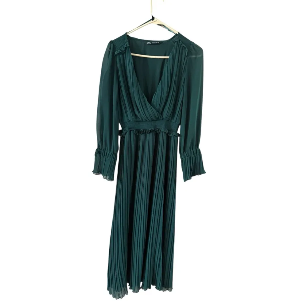 Zara Dark Green Pleated V Neck Midi Dress Women's S - Image 8