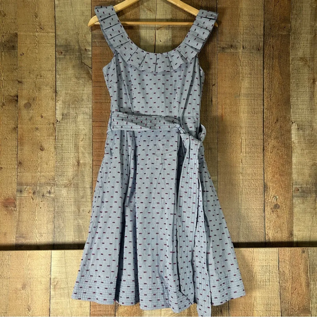 1901 Nordstrom Blue Clipdot Stripe Pleat Collar Cotton Linen Tie Dress 2 Petite - Image 3