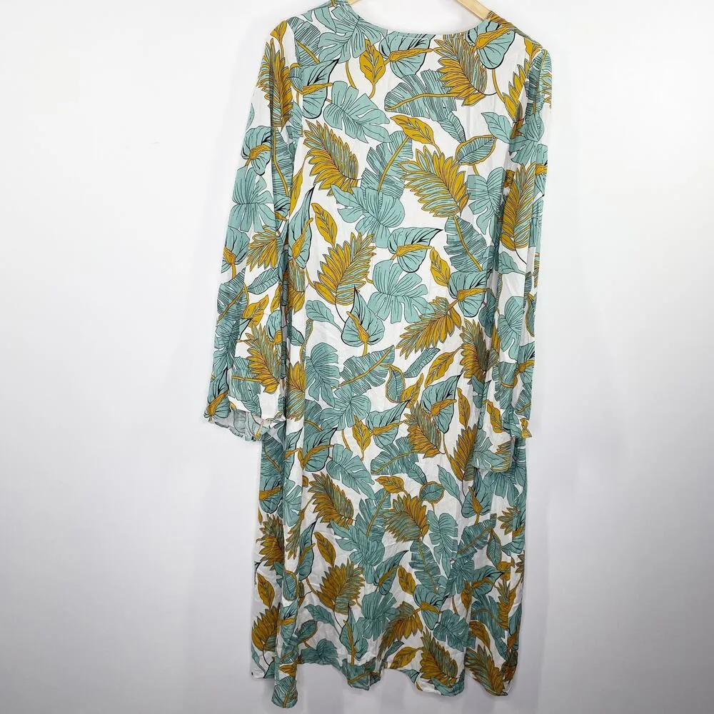 Palm Tree Tropical Print Open Front Cardigan Long Duster One Size Boho Hippie Blue - Image 2