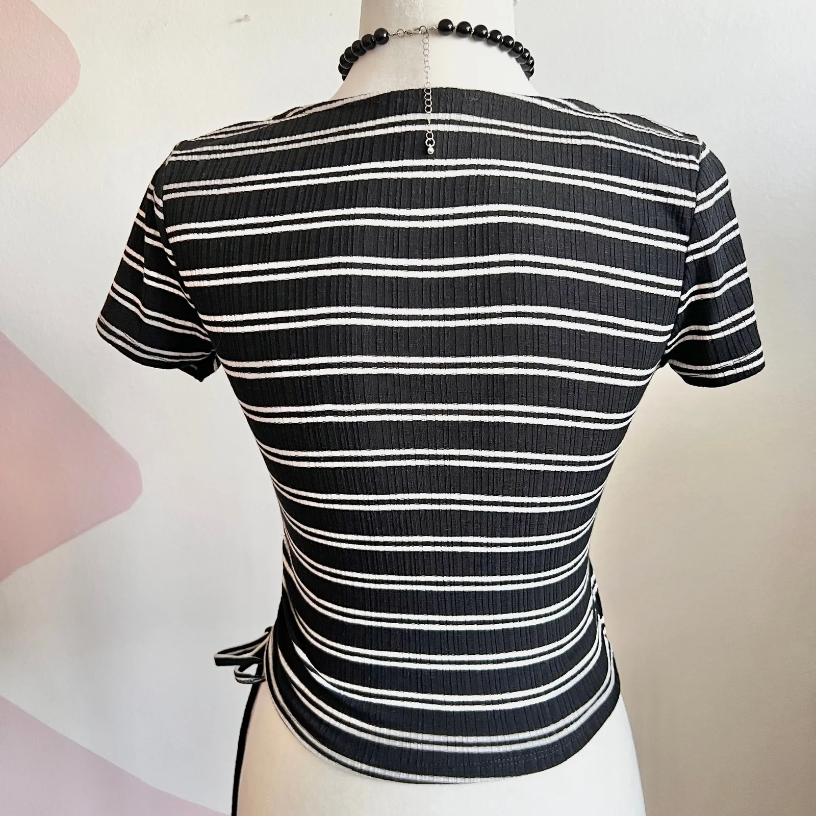 Black Striped Wrap Top Y2K Indie Sleaze Soft Goth Grunge‎ Retro Small - Image 3