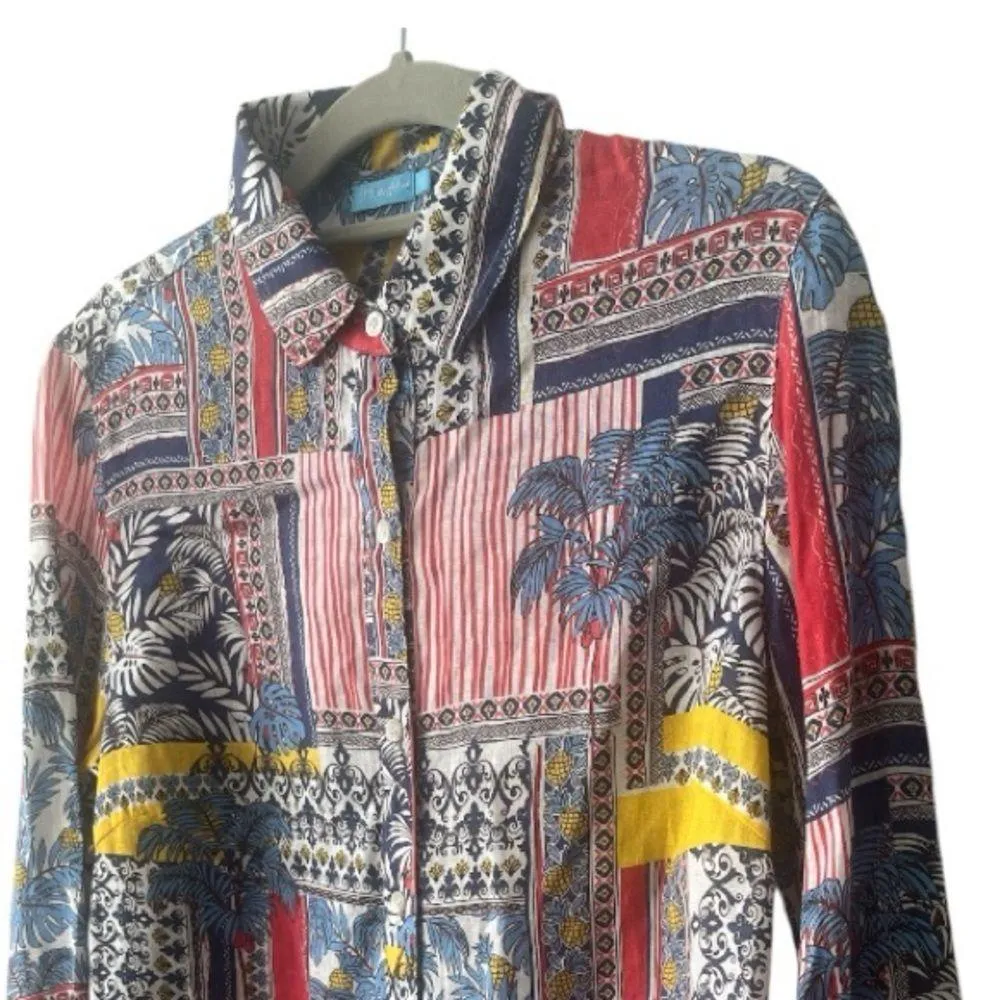 J McLAUGHLIN Linen Blouse palm trees pineapples tropical colorful size XS NWOT - Image 2