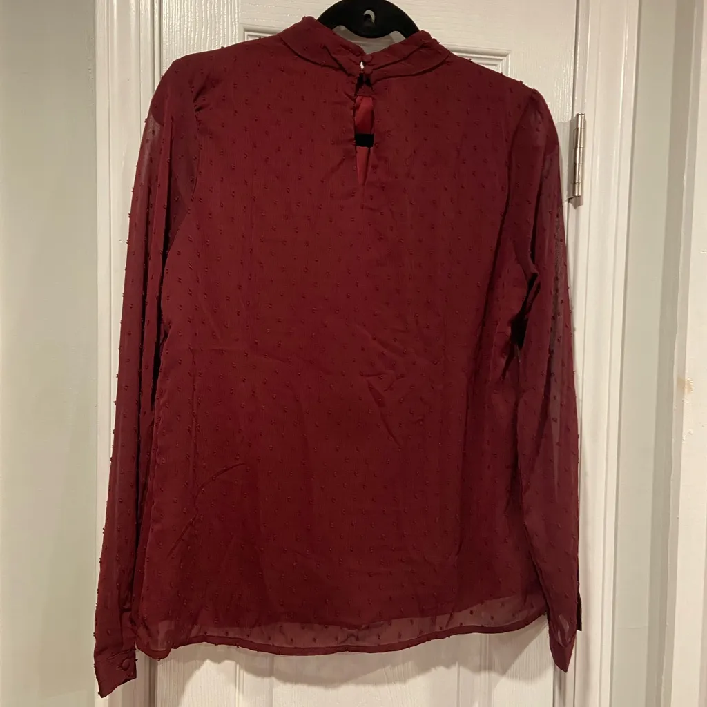 NWT Aconiya Size M Burgundy Swiss Dot Chiffon Lined High Neck Bow Lined Top Red Size M - Image 6
