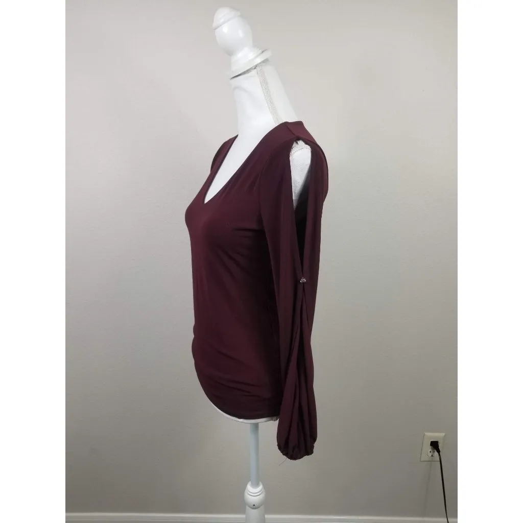Womens XS INC Burgundy Long Sleeve V-Neck Top With Ruched Hem & Cutout Shoulders - Image 4