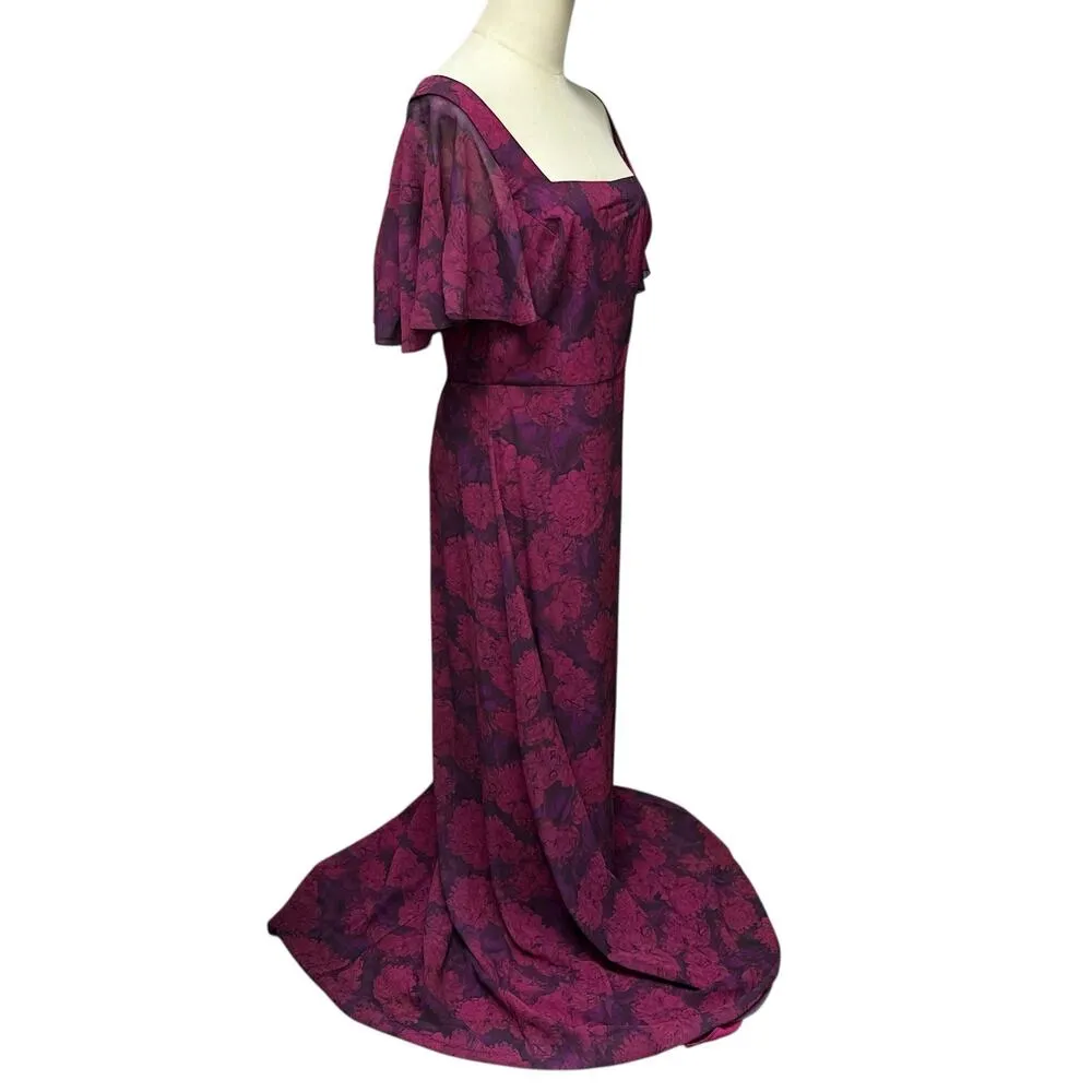 SACHIN & BABI Sz 6 US Magenta Purple Floral Gown Square Neck Flowy Chiffon Dress - Image 4