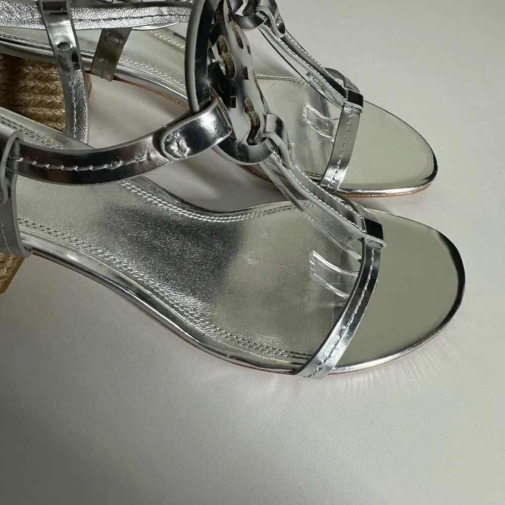 Tory Burch Women's Miller Silver Metallic Espadrille Wedge Heel Sandals Size 9.5 - Image 8