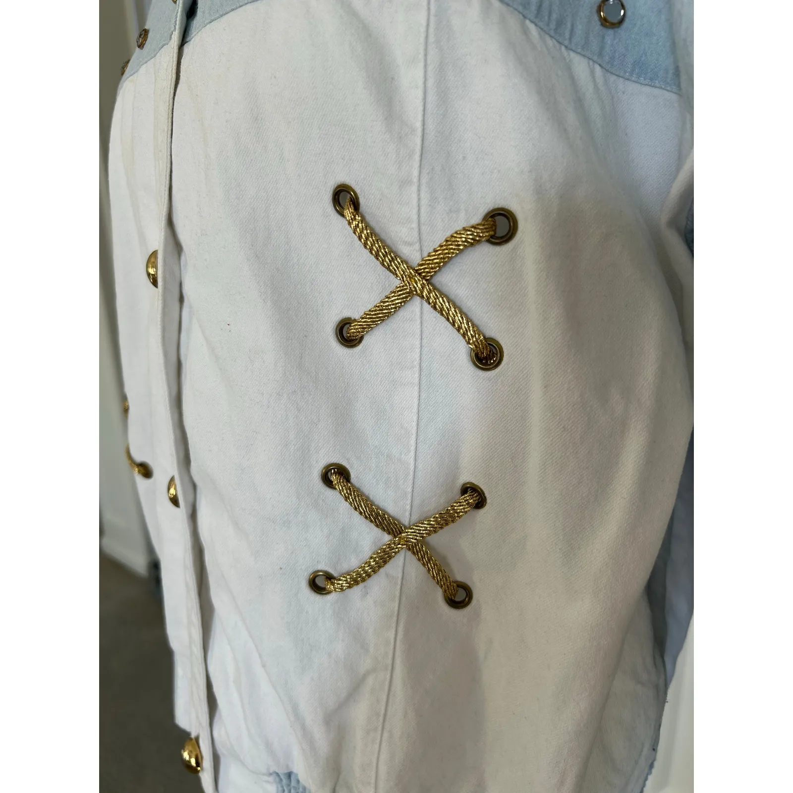 Vintage 80s FRESH Studded Gold Embellished Bomber Jacket Blue Cream Women's L Size L - Image 9