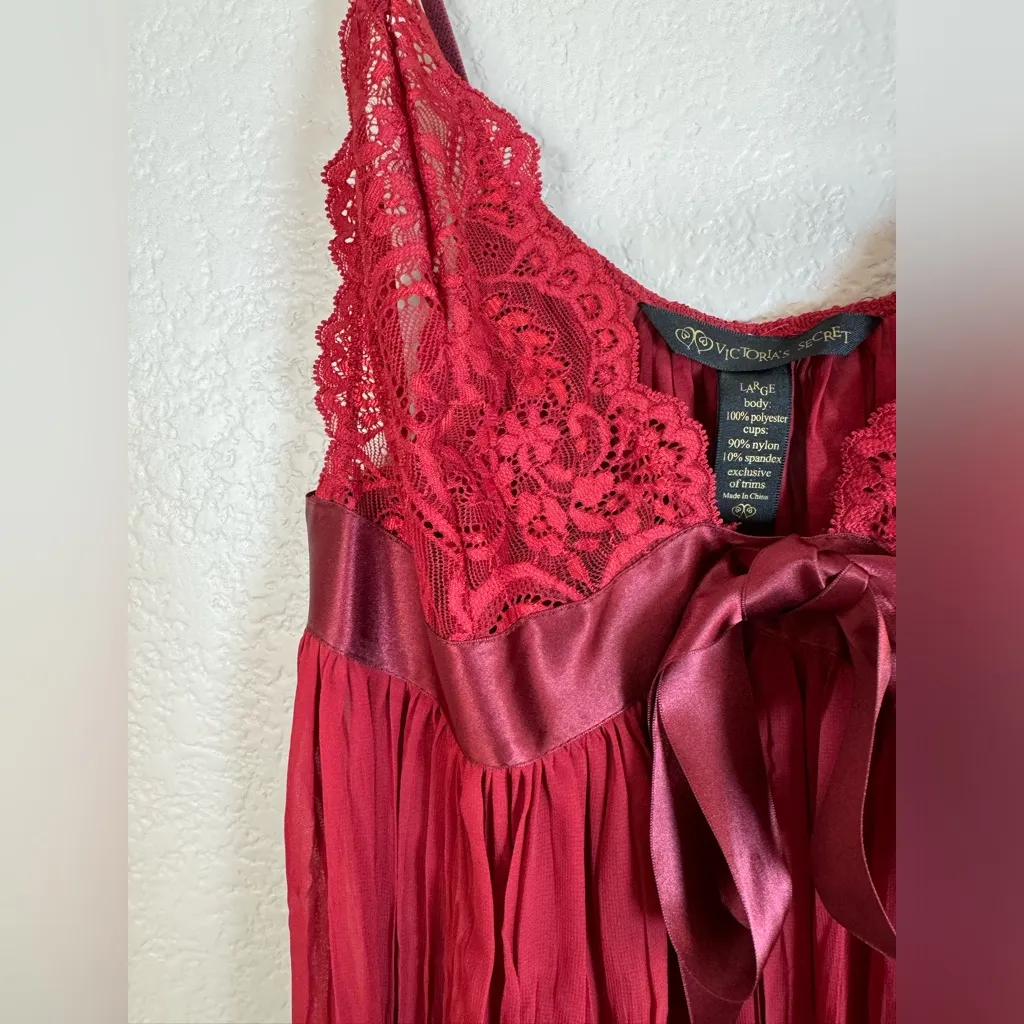 Vintage 90’s 2000’s Victoria’s Secret Chemise Sheer Burgundy with Lace & Bow L - Image 6