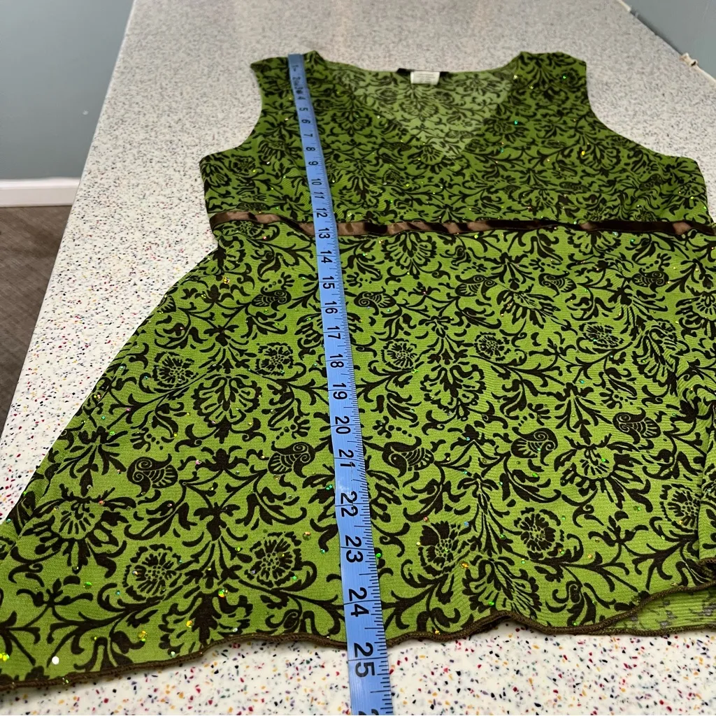 Vintage Y2K Hot Tempered Damask Green Sparkle Going Out Babydoll Top Size L - Image 8