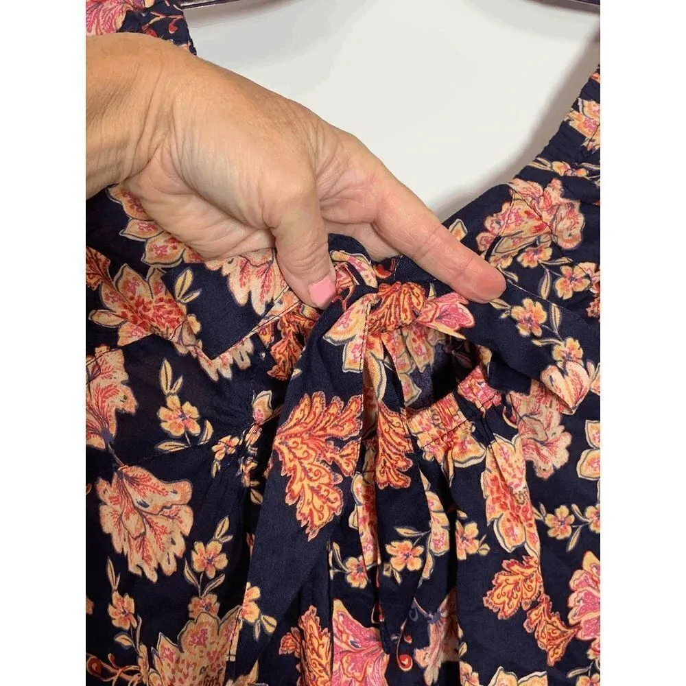 Old Navy Women's Woven Peasant Boho Floral Tie Back Top Blouse Navy Pink Small - Image 7