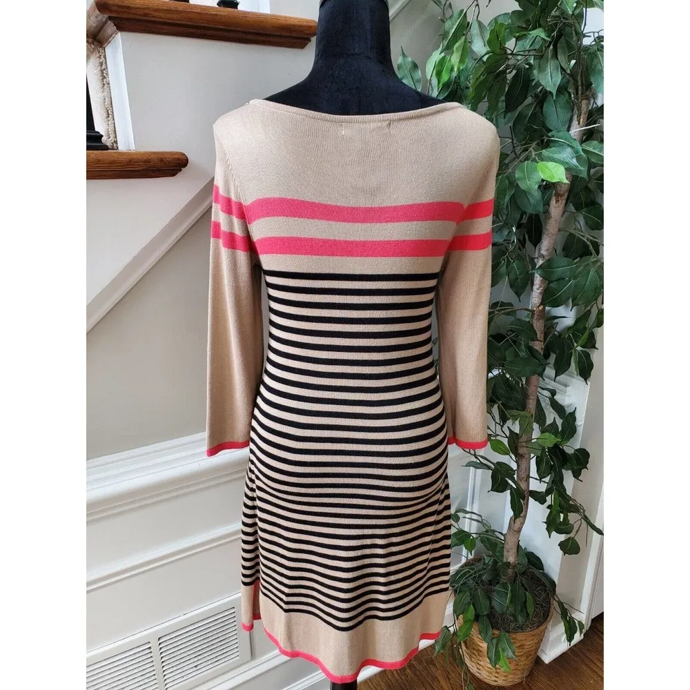 Design History Women Beige Striped Round Neck Long Sleeve Knee Length Dress S - Image 7