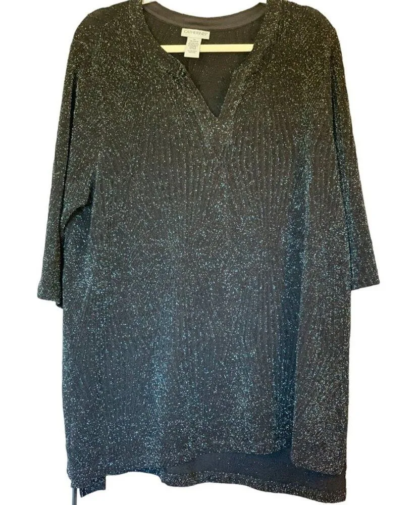 CATHERINES Black All Nighter Metallic Slinky Scoop Neckline Tunic Style Top Sz1X - Image 1