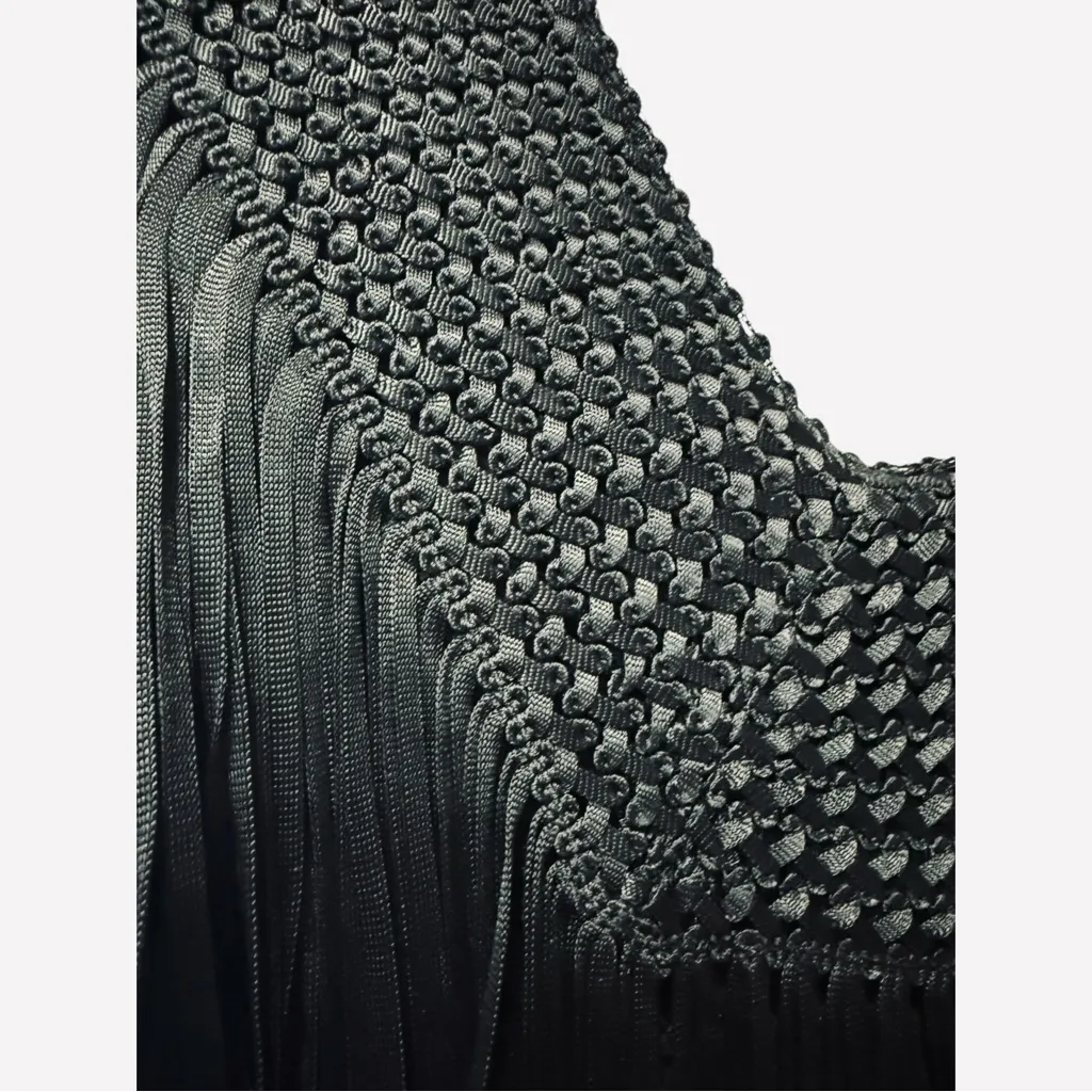 Vintage ANNA SUI Black Woven Fringe Mini Dress Textured Weave Boho Gothic Lace 8 - Image 2