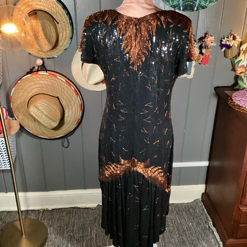Black & Bronze Sequin Embellished Flutter Sleeve Midi Dress - Image 6